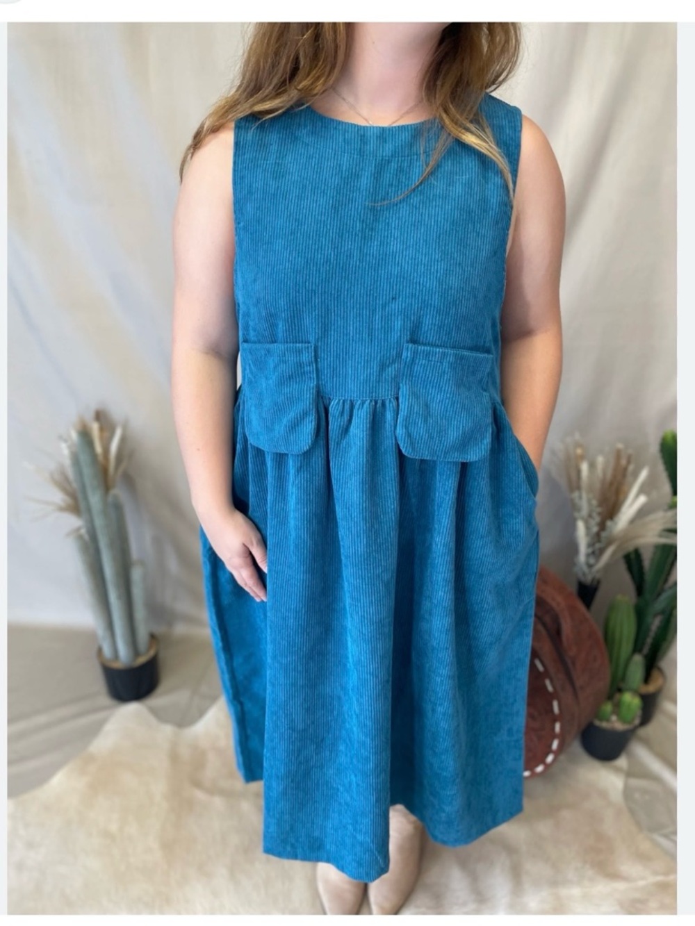 Zenana Teal Corduroy Pocket Midi Dress